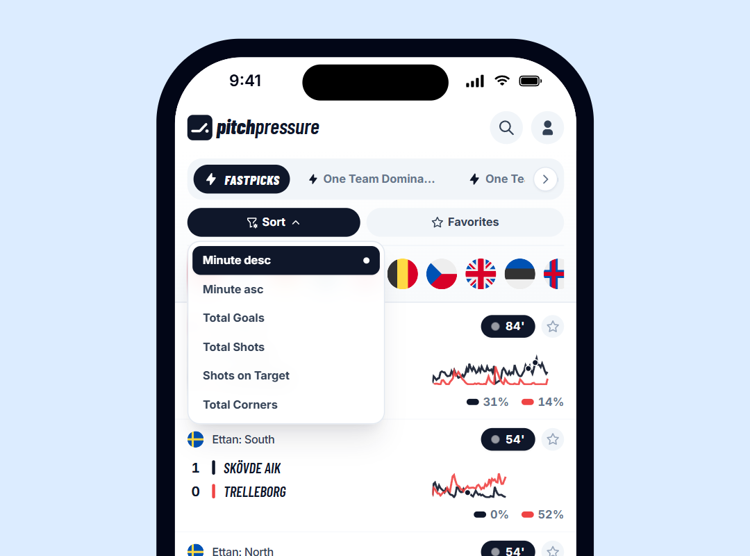 Sort live matches in PitchPressure